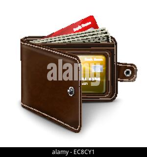 Classic modern brown leather pocket open wallet with credit card money bills and id document vector illustration Stock Vector