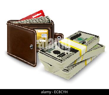 Classic modern brown leather pocket open wallet with credit card money bills and bank roll vector illustration Stock Vector