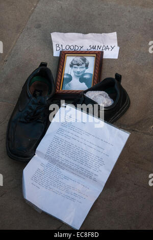 London, UK. 10th December, 2014. The shoes of hundreds of victims who died in Ireland, North and South during the Troubles are lined up opposite Downing Street as families demand that a proper investigation into over 3,600 deaths and 40,000 injuries on all sides, sets the truth free. PICTURED: The poignant memorial of John Francis 'Jackie' Duddy who at 17 years old was killed on Bloody Sunday after going to join the march for a 'bit of craic'. Credit:  Paul Davey/Alamy Live News Stock Photo