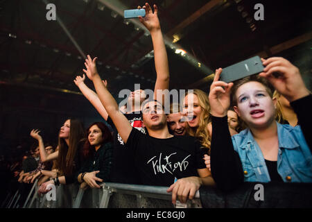 Music fans enjoying live concert / festival with hands in the air Stock Photo
