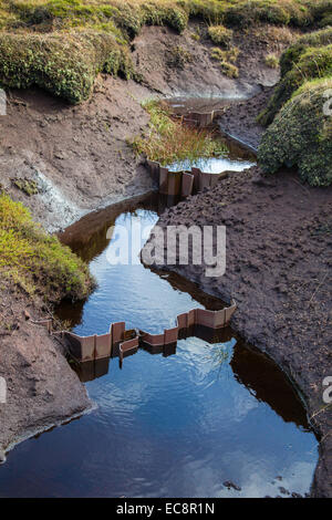 Plastic corrugated dams installed to reduce erosion of the peat haggs and groughs on Kinder plateau in Peak District Derbyshire Stock Photo