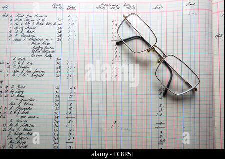 An old accounts ledger, handwritten figures in pounds shillings and pence, with accountant's glasses Stock Photo