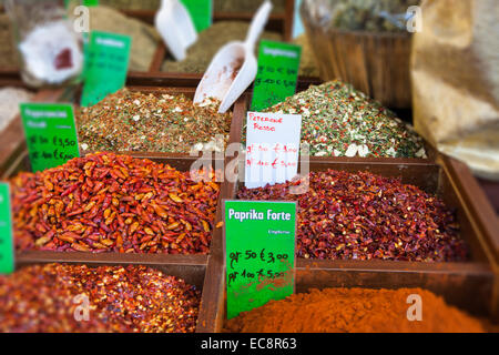 Close-up of different types of Assorted Spices in a wooden box. Stock Photo