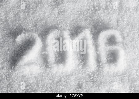 2016 draw stamp on snow, light blue tint, top view Stock Photo