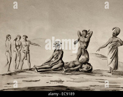The Death penalty of public execution by clubbing.  Hawaii, 1819 Jacques Etienne Victor Arago Stock Photo