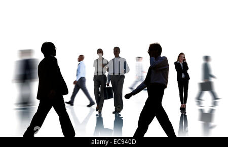 Business People Silhouettes Commuting and Isolated on White Stock Photo