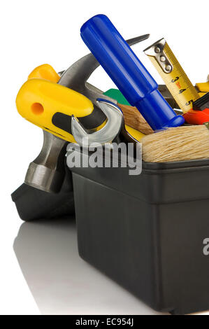 set of tools and instruments in black plastic box isolated on white background Stock Photo