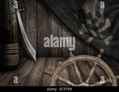 Pirates ship steering wheel with old jolly roger flag and saber Stock Photo