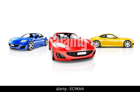 Studio Shot of Red Blue and Yellow Sports Cars Stock Photo