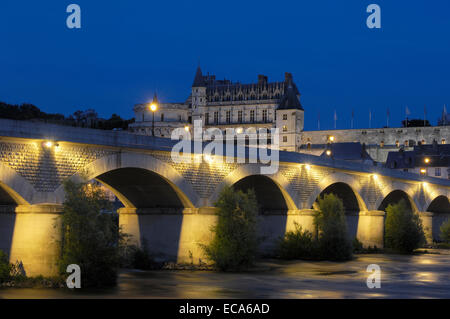 Amboise Castle, Chateau d'Amboise, at dusk, Amboise, Indre-et-Loire, Loire Valley, France, Europe Stock Photo