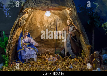 Self made christmas scene with figurines including Jesus, Mary, Joseph Stock Photo