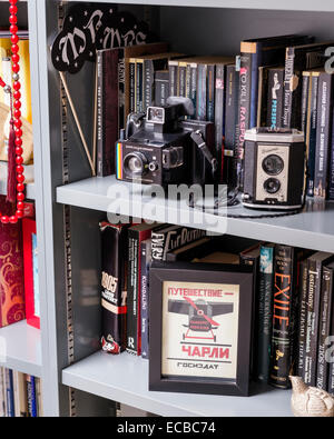 Vintage cameras on bookshelf Stock Photo