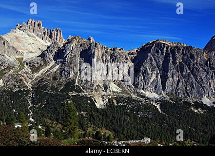 peaks called Laguazoi Grande, Cimma Falzarego, Col de Bos, Rozes and highest Tofana di Rozes in Tofane mountain group in Dolomit Stock Photo