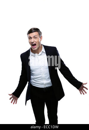 Portrait of angry businessman shouting over white background Stock Photo