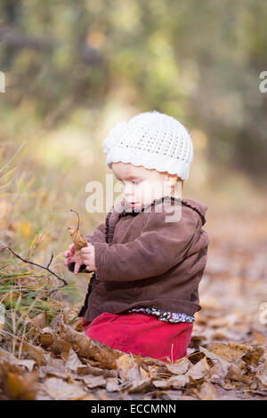 A one year old girl plays with a leaf during a fall time photo session in Kalispell, Montana. Stock Photo