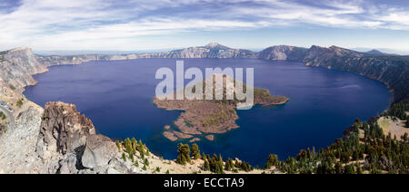 Wizard Island, the larger of the two islands on Oregon?s Crater Lake, the deepest lake in the USA at 1,943 feet. Stock Photo