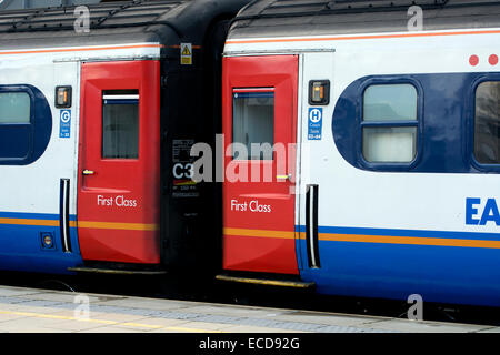 First Class carriages on East Midlands Trains HST train, Leicester station, UK Stock Photo