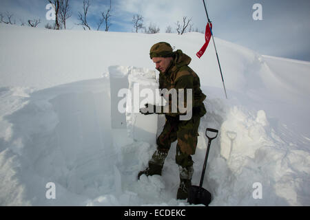 A Norwegian army avalanche expert probes a mountain slope of windblown snow and determines the area is too dangerous for soldiers to walk through. Avalanche mapping is critical for troops moving through deep snow. One man on skis can trigger an avalanche. In March 1986, more than a dozen members of a Norwegian ski patrol died in an avalanche during NATO games that has led to rigorous avalanche mapping. Stock Photo