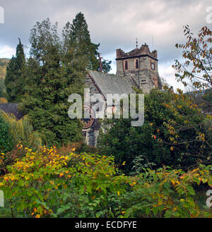 St Marys Church and tower in the village of Betwys Y Coed in autumn known as the gateway to Snowdonia National Park in Gwynedd Stock Photo