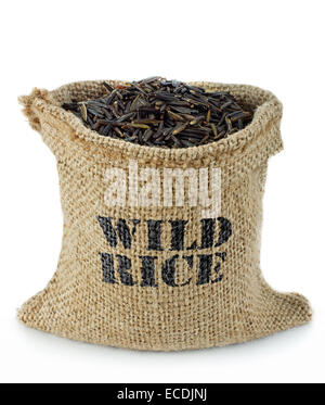 Wild rice in small burlap sack Stock Photo