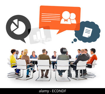 Group of Multiethnic People in a Meeting with Speech Bubbles Stock Photo
