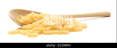 Short ribbed pasta tubes and wooden spoon Stock Photo