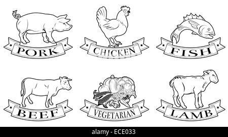 A set of food labels, icons or menu illustrations for beef chicken fish pork lamb and vegetarian options Stock Photo