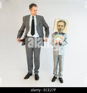 businessman holding empty pockets and boy wearing mask showing banknotes Stock Photo