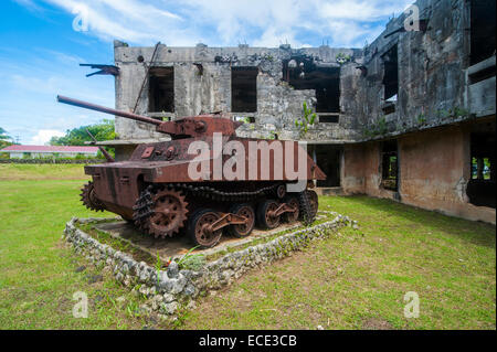 Old Japanese tank in front of the Japanese administration building, Babeldaob, Palau, Micronesia Stock Photo