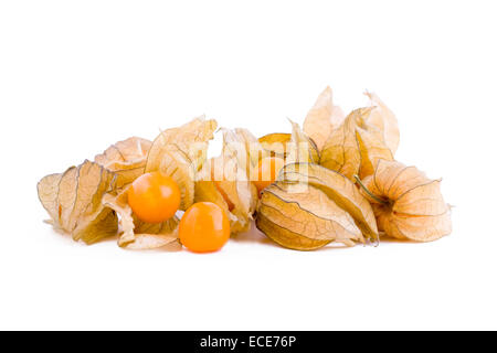 Fresh small physalis fruits isolated on white background, jam-berry Stock Photo