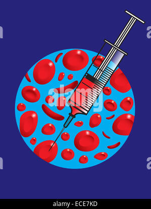 Injection needle with red blood cells protruding from the tip. 3D ...