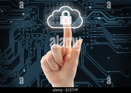 Hand pushing virtual cloud security button on digital background Stock Photo