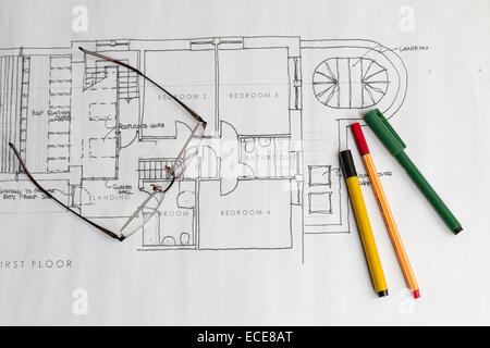Hand drawn architects  house or real estate plans produced as part of a renovation project. Stock Photo