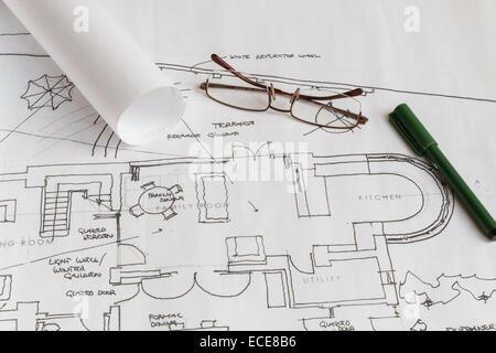 Architect drawn designs or builders plans for a home renovation in the UK Stock Photo