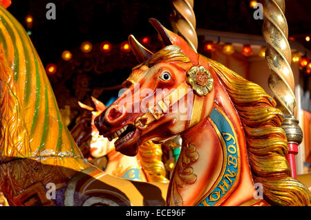 London, England, UK. Merry-go-round horse in Leicester Square Christmas Fair Stock Photo