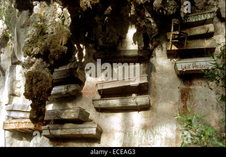 Hanging coffins. Echo Valley. Sagada. Northern Luzon. Philippines. Hanging coffins are coffins which have been placed on cliffs. Stock Photo