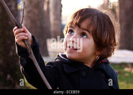 Boy (2-3) with stick in park Stock Photo