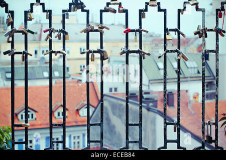 City skyline seen through railings, Zagreb, Croatia Stock Photo