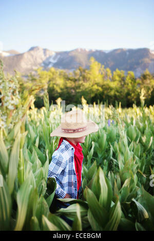 Boy dressed as cowboy outdoors Stock Photo