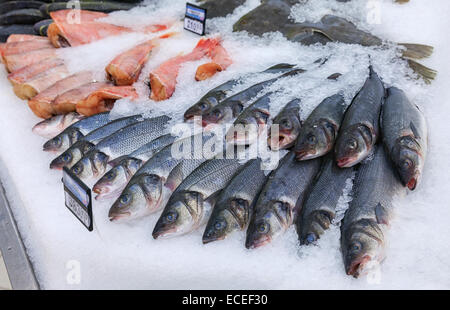 Raw fish ready for sale in the supermarket Magnit. One of largest food retailer in Russia Stock Photo