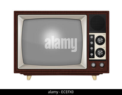 Old style retro tube TV with frequency knobs and wooden style casing. Isolated on a white background with clipping path. Stock Photo