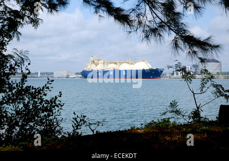 LNG Tanker loading gas in LNG terminal in Indonesia Stock Photo