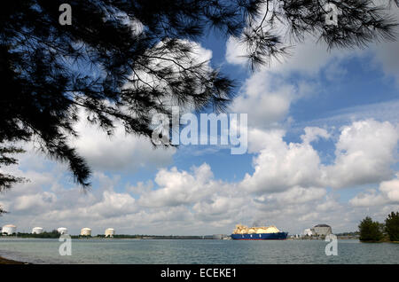 LNG tanker loading gas in gas terminal Stock Photo