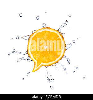 Orange in shape of dialog box with water drops isolated on white Stock Photo