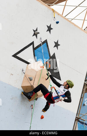 Bozeman, Mont., US. 12th Dec., 2014. Rinat Rahimkhanov of Azerbaijan competes in the mens lead climb portion of the International Climbing and Mountaineering Federation's Ice Climbing World Cup in Bozeman, Mont., US. Events continue through Saturday. Stock Photo