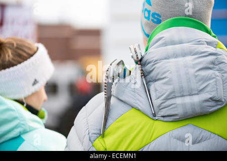 Bozeman, Mont., US. 12th Dec., 2014. Climbers prepare to compete at the International Climbing and Mountaineering Federation's Ice Climbing World Cup in Bozeman, Mont., US. Events continue through Saturday. Stock Photo