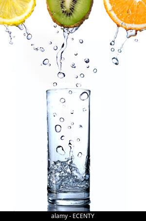 water drops in glass on orange, kiwi and lemon isolated on white Stock Photo