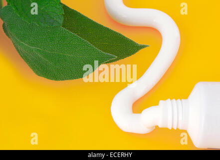 Tube of toothpaste mint flavor on orange background Stock Photo