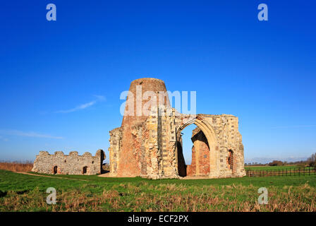 A view of the remains of the gatehouse and drainage mill at St Benet's Abbey, near Horning, Norfolk, England, United Kingdom. Stock Photo