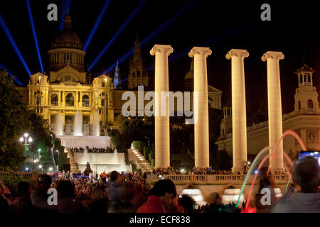 Night in Barcelona, Catalonia, Spain. Ionic columns, fountains and National Art Museum of Catalonia. Stock Photo